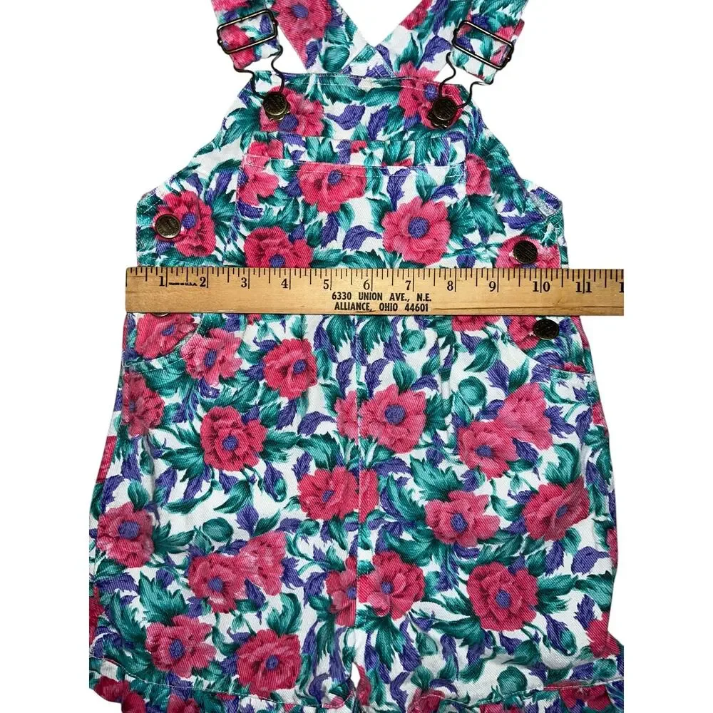 Vintage 80/90s Floral pink purple green denim ruffled shortalls girls size 4T